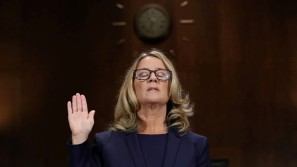 Christine Blasey Ford is sworn in before testifying the Senate Judiciary Committee in the Dirksen Senate Office Building at the Capitol Hill in Washington